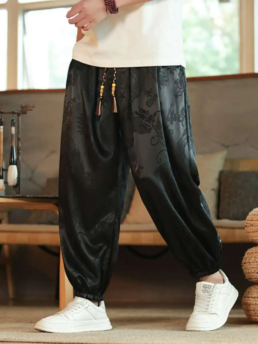 

Новые повседневные свободные мужские брюки-фонарики из ледяного шелка, спортивные, свободного кроя, в традиционном китайском стиле, со средней посадкой, длинные брюки для мужчин