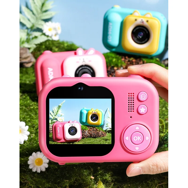 Câmera digital infantil com câmeras frontal e traseira para tirar fotos e vídeos, tripé, desenho animado, coelho, menina, menino, presente de aniversário, console de jogos