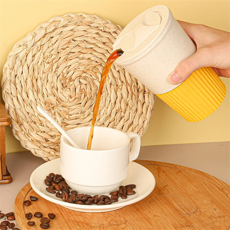 401-500ML Coffee Cup Plastic Wheat Fiber Coffee Cup Travel Mug With Lid Non-slip Sleeve Outdoor Fitness Breakfast Drink Cup view 4