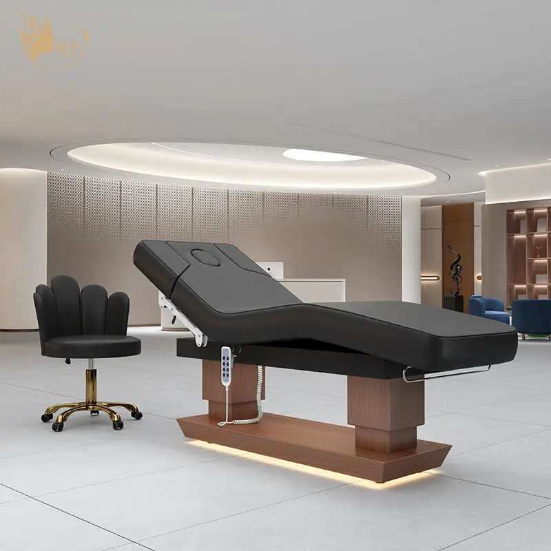 Modern Electric Facial Massage Bed With Stainless Steel Wood Grain Base And Adjustable LED Lighting For Spa And Salon