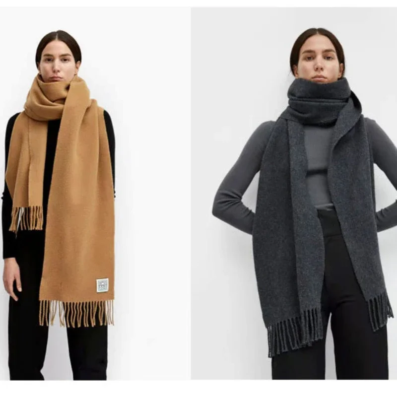 ToT @ LUXURY-Double-sided Wool Scarf, Versatile Warm Shawl, Monochromatic, Tassel, Thickened, Extra Long, Autumn, Winter, 2024