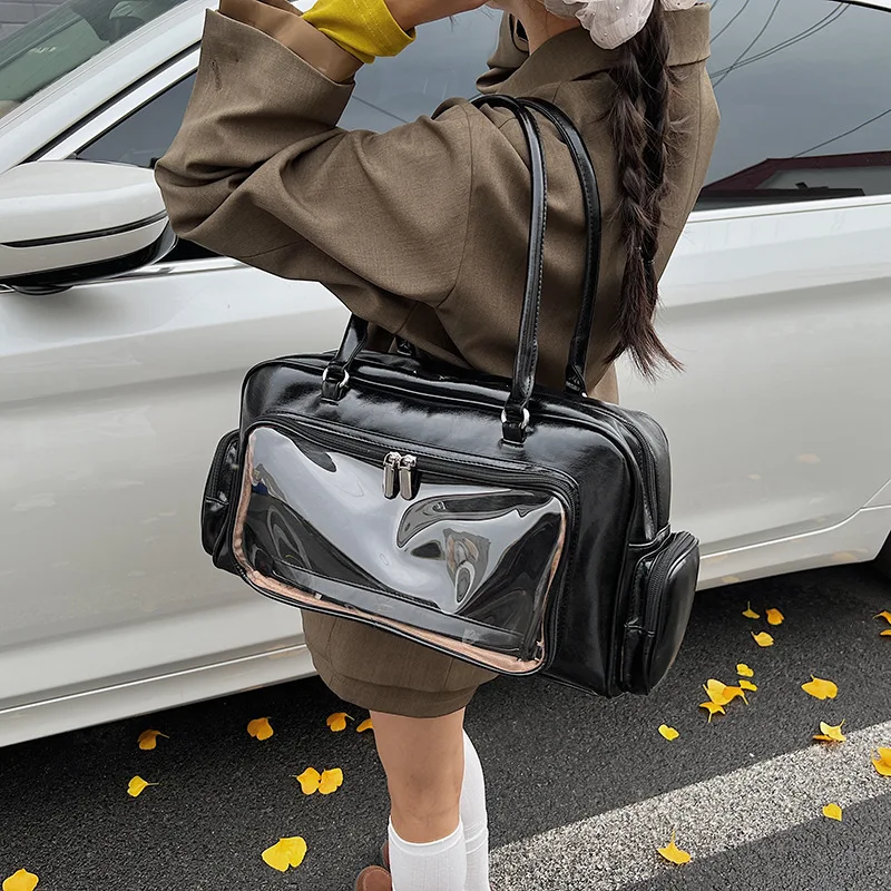 Red PU Transparent Window Handbag, Clear Display Pocket Tote Bag, Casual Top Handle Bag for Badge Pins Collectibles