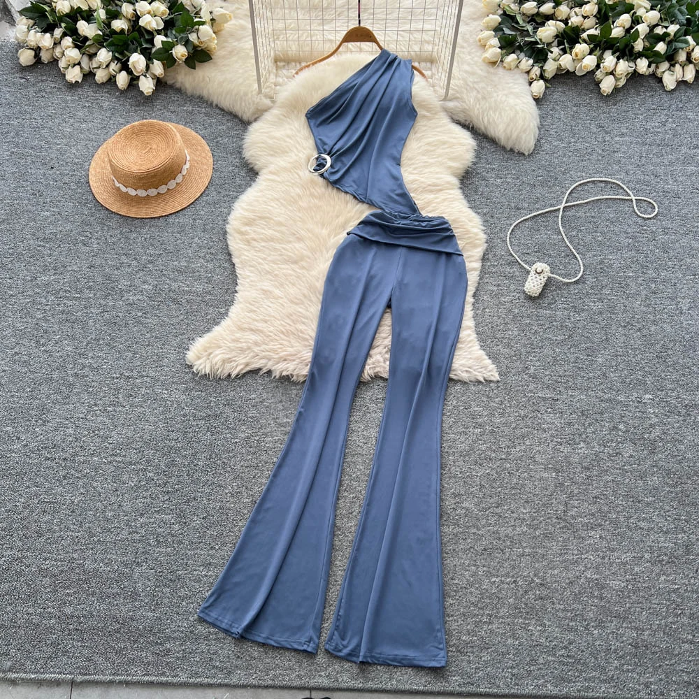 

Sexy Two Pieces Sets Chic Spliced sleeveless solid Top with Fashion Hotsweet High Waist Wide Summer Leg Pant Sets