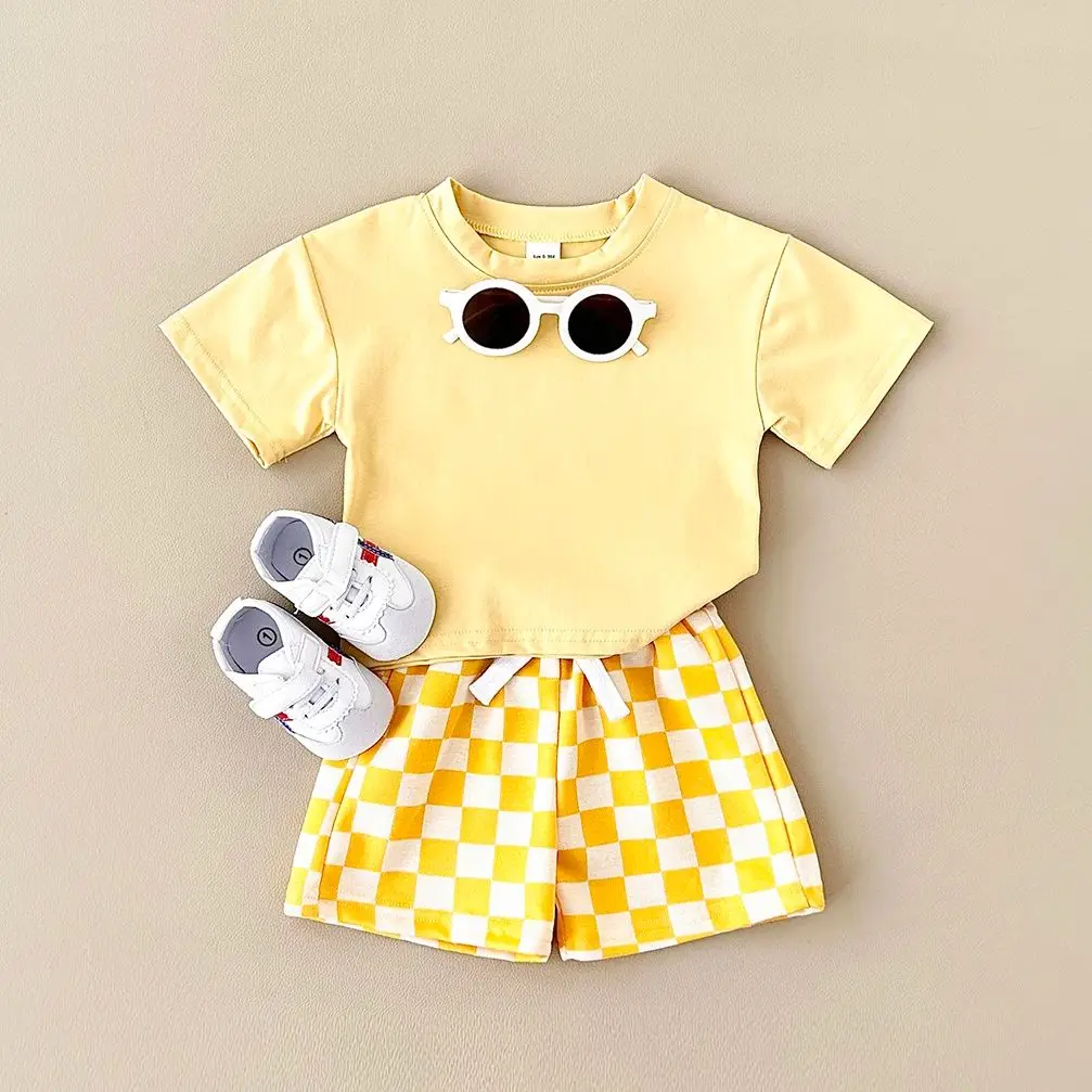 2PCS Kids Clothes Baby Boys Girls Solid Color Short Sleeve T-shirt Plaid Pattern Shorts Sets Baby Clothing Sets 0-3Y