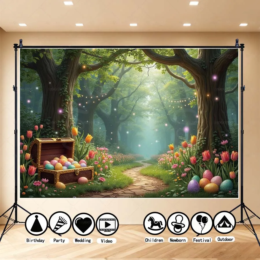 

MOON.QG Happy Easter Enchanted Garden Photography Background Colorful Egg Floral Path Backdrop For Kid Portrait Photo Studio