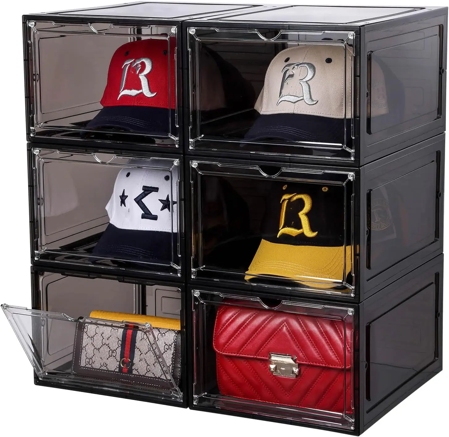 

6-Piece Stackable Hat Organizer with Magnetic Door, Clear Black, Easy Assembly