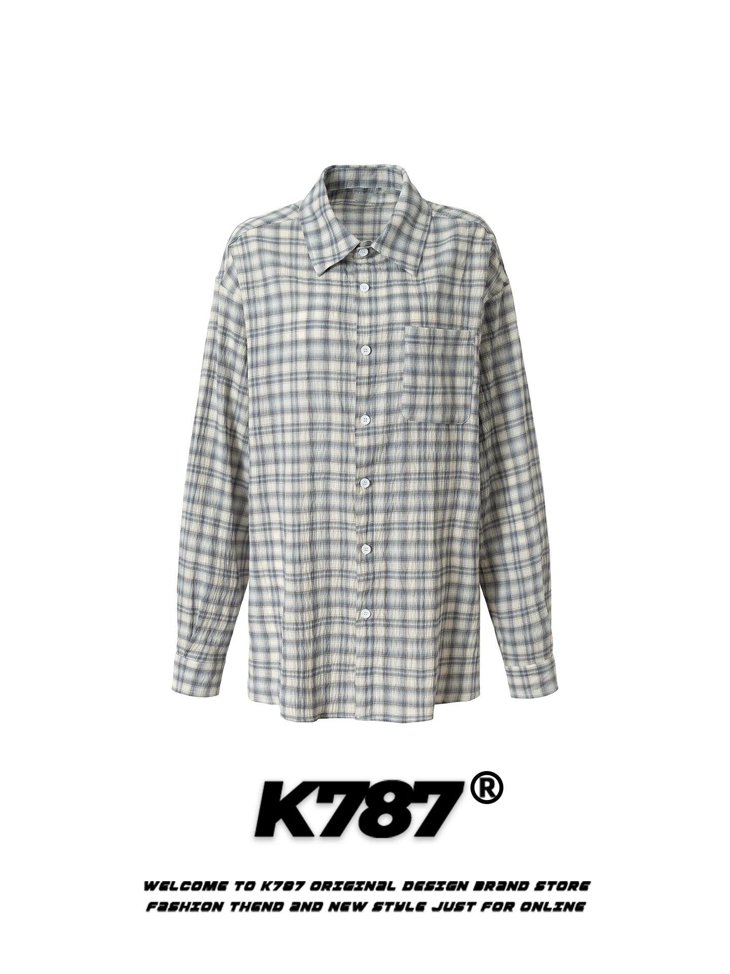 

K787 American Retro Light Blue Plaid Long Sleeve Shirt Loose Casual Unisex Trendy Ins Anti Aging Shirt Jacket for Youth