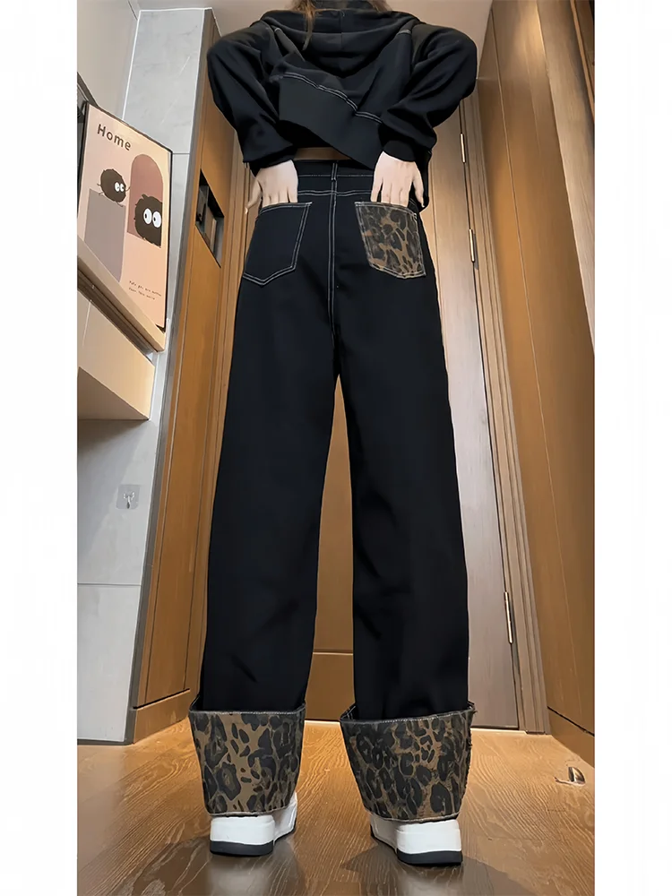 

Джинсы свободного кроя в стиле американской уличной моды с леопардовым принтом и пэчворком для мужчин и женщин, весна-осень, ретро, большие размеры...