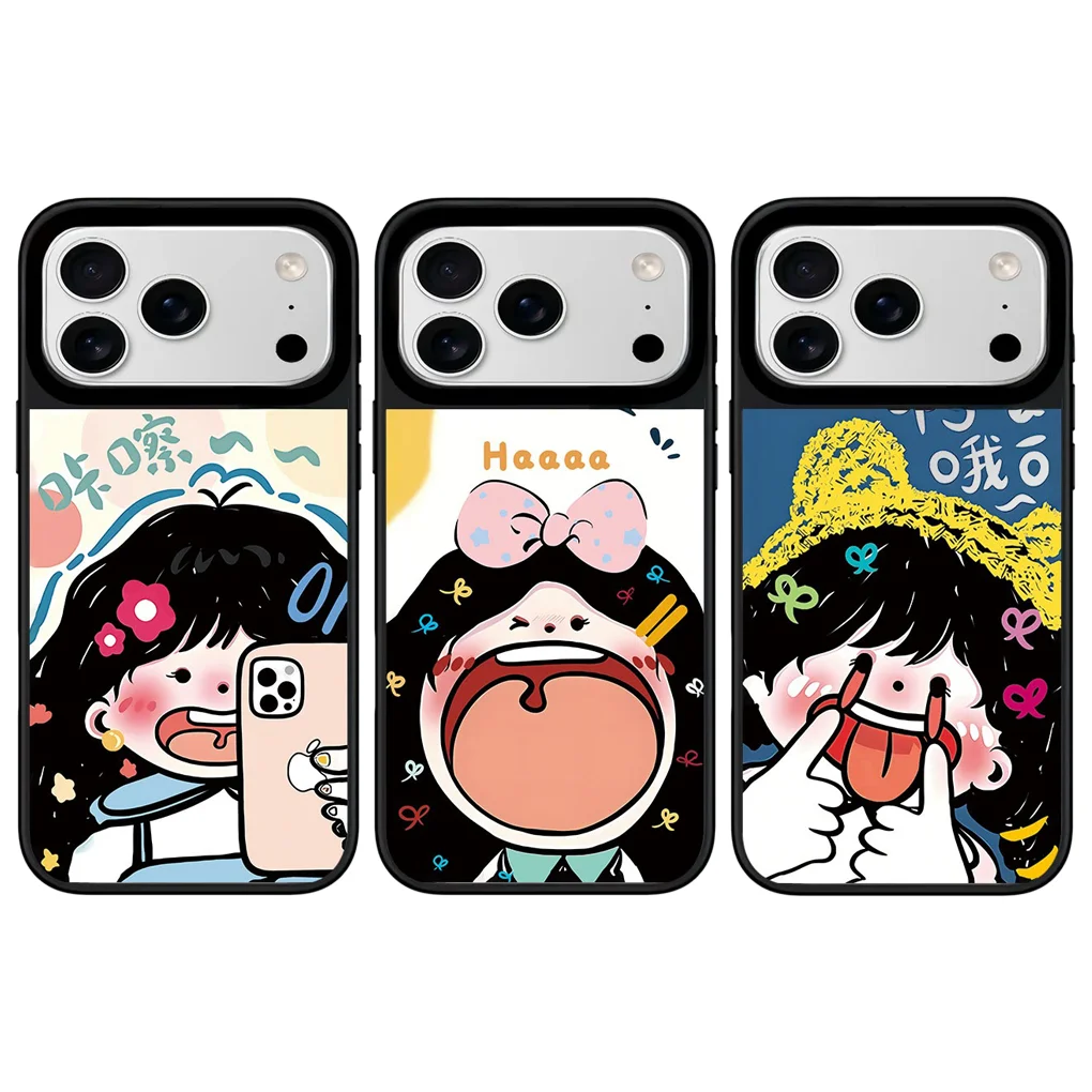 

Cartoon Girl Mirror Surface Black Border Magnetic Phone Case for IPhone 17 16 15 14 13 12 Pro Max Cover