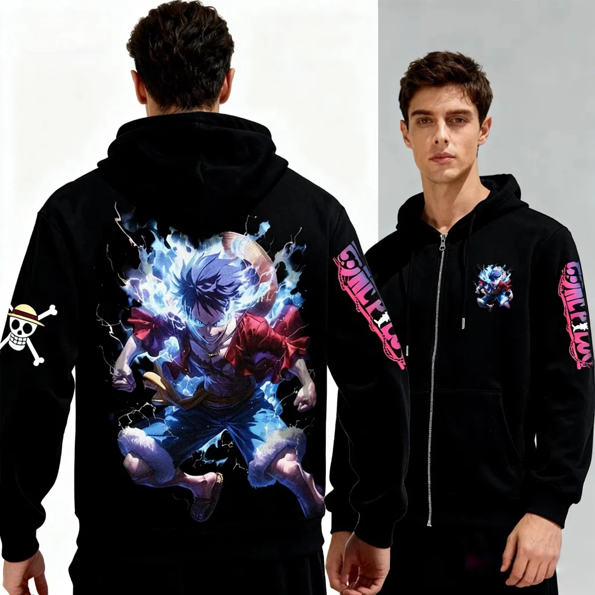 One Piece 2025 Jaket Hoodie Pria Terbaru dengan Cetak Trendi, Resleting, Bahan Katun, Kasual, Model Pullover, Streetwear, Lengan Panjang, Fashion