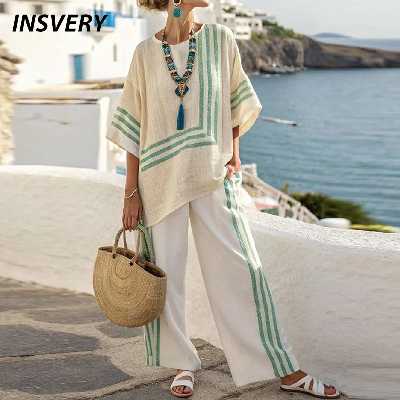 

Vintage Vacation Striped Printed Casual Two Piece Set Women Half Sleeve Shirt High Waist Loose Pants Suit 2025