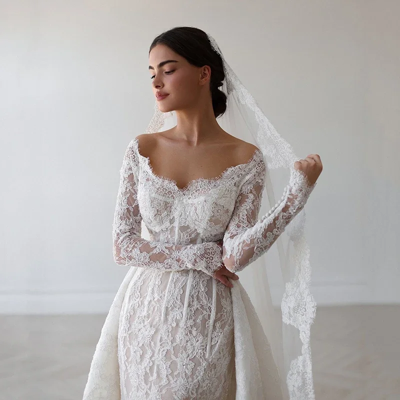 Robe de mariée sirène en dentelle, épaules dénudées, manches longues, élégante, détachable, Robe de bal formelle, personnalisée