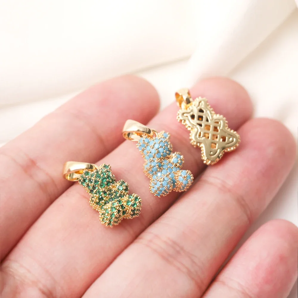 Micro Pave Rhinestones Gummy Bear Pendant With Bail Brass Gold Plated Animal Bear Charm For Diy Bracelet Necklace Jewelry Making