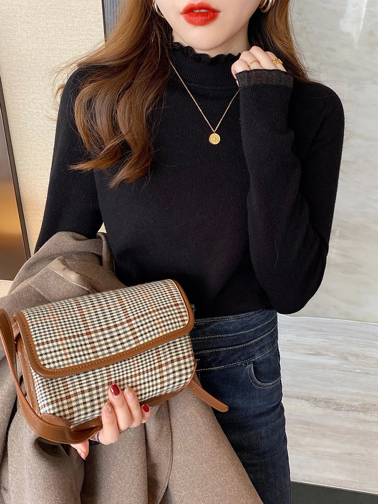 high quality soft half-neck sweater Autumn Winter Sweater Lace Ruffles pullovers Women 2024 slim basic women sweater jumper