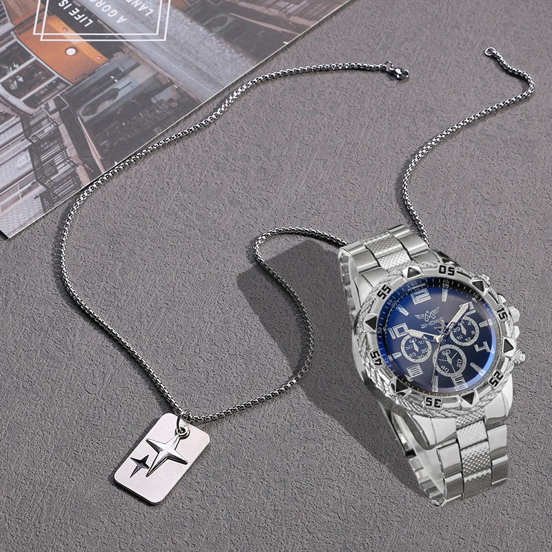 남자 시계 세트 + 크로스 패션 캐주얼 스테인레스 스틸 3 다이얼 쿼츠 시계 아버지의 날 졸업 선물 세트