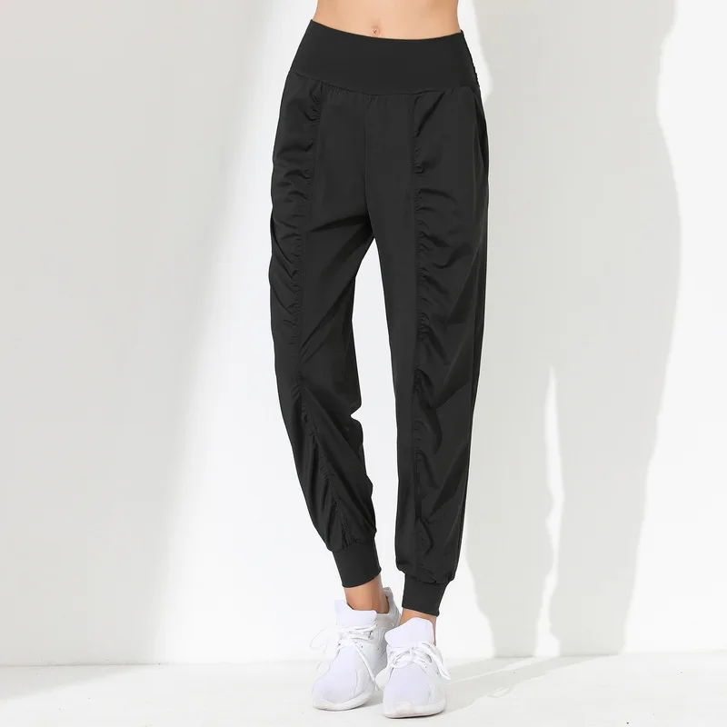 Pantalones de Yoga sueltos para mujer, pantalones de Yoga delgados, de secado rápido, dobladillo plisado, atados, para correr, Fitness, Capris con