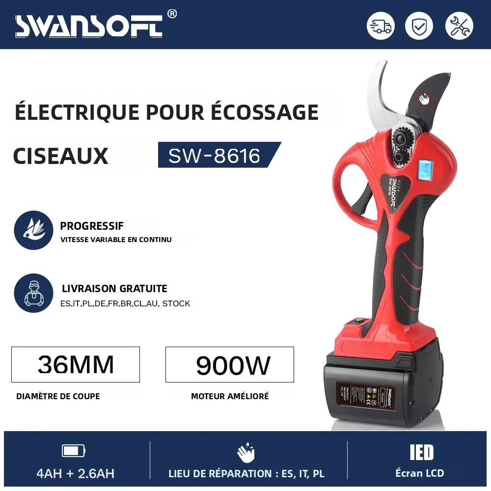 SWANSOFT 8616 Cisailles de taille électriques 36 mm, batterie 4AH 25V, coupe-bûches de jardin, cisailles de taille électriques sans fil