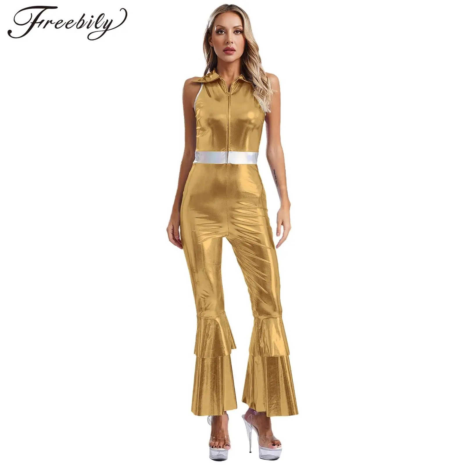 70s Costume Outfit for Women Lapel Collar Sleeveless High Waist Flared Jumpsuit Holographic Shiny Disco Dance Singer Costume