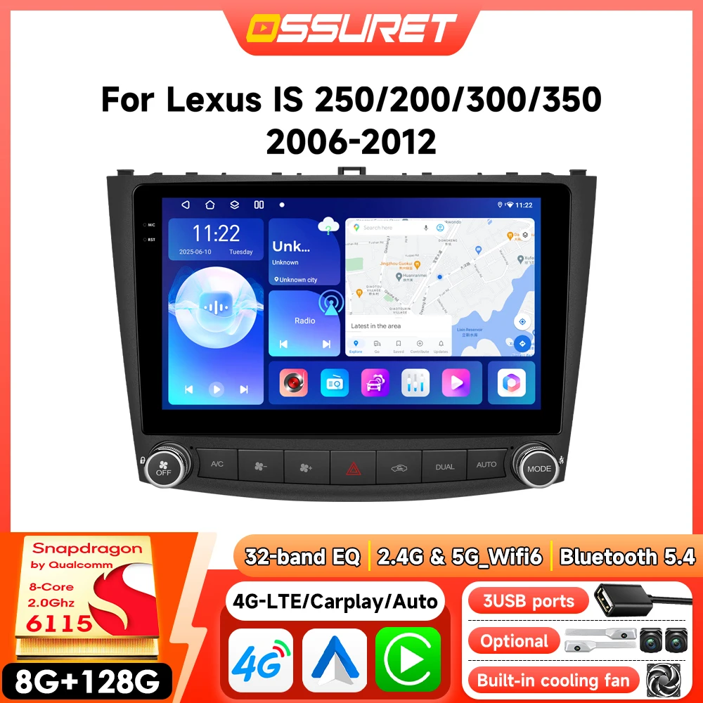 OSSURET Autoradio Android pour Lexus Lexus IS250 IS300 IS200 IS220 IS350 Carplay sans fil Multimédia automobile 2DIN 6115 Autoradio GPS