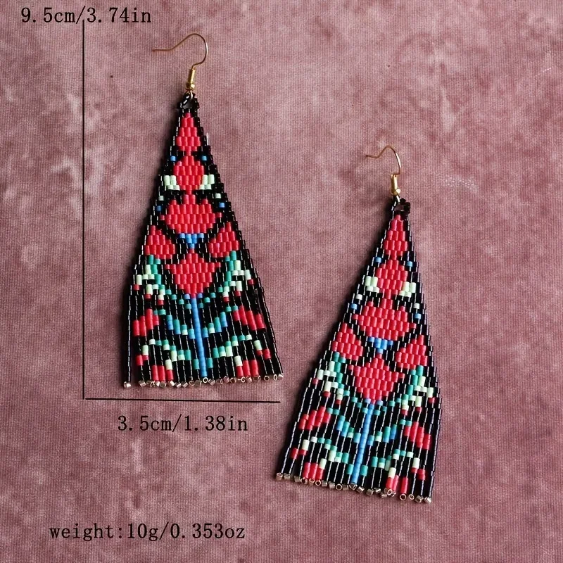 Bohemia Rice Bead Earrings Rose Red Tassel Hand-Woven Simple Beaded Earrings Creative Personality female National Style Jewelry