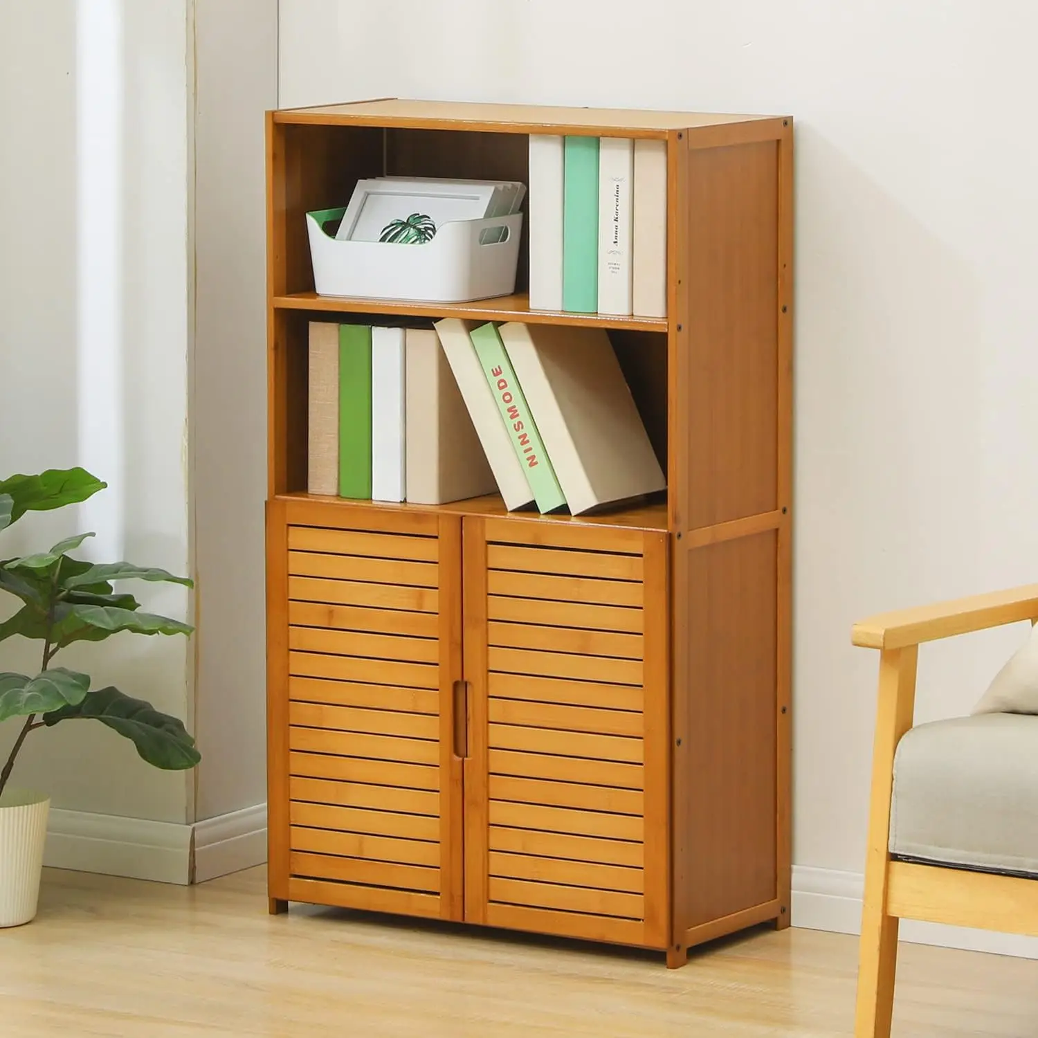 4 Tier Bookcase With Shutter Doors, Bamboo Free Standing Display Shelf Organizer Stand For Bathroom Bedroom Office Living Room,