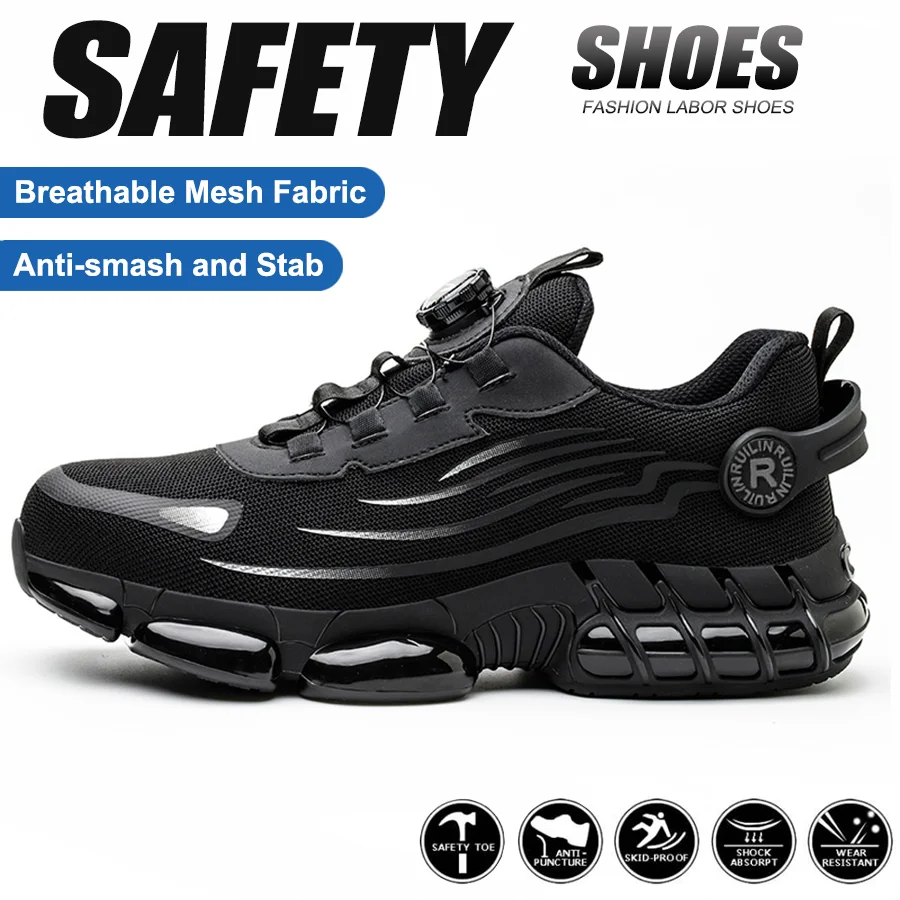 

Rotary Buckle Work Safety Shoes For Men and Women Lightweight Non Slip Work Sneakers Air Soft Sole Construction Working Boots