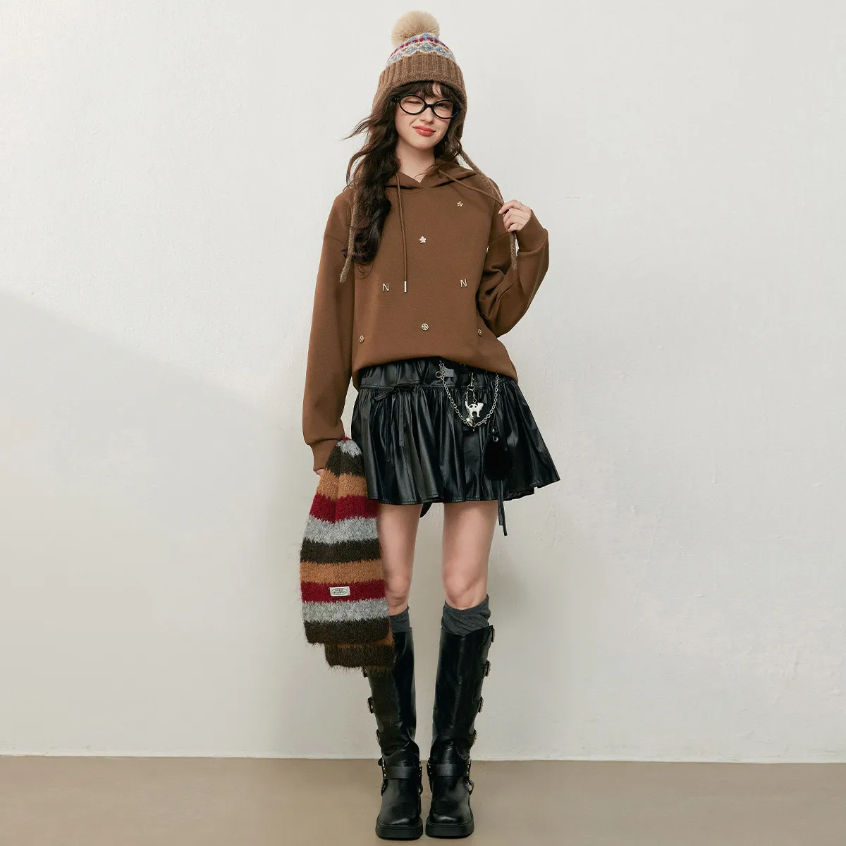 LOUIS YAO New Handmade Accessories Women's Hoodies 2025 Autumn Shoulder Sleeve Micro Elastic Sweatshirts Loose Long Sleeve Tops