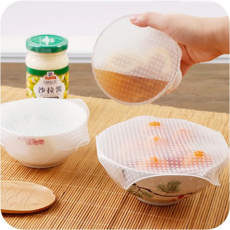 4pcs S/M/L Transparent Silicone Sealed Refrigerator Food Fresh-keeping Cover Film Reusable Microwave Oven Heating Kitchen Tools