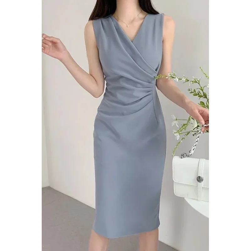 

Summer Fashion Womens Dress Sexy Solid Color Knee Length Bodycon Sundress Elegant 3/4 Sleeve V-Neck Work OL Vestidos 2025