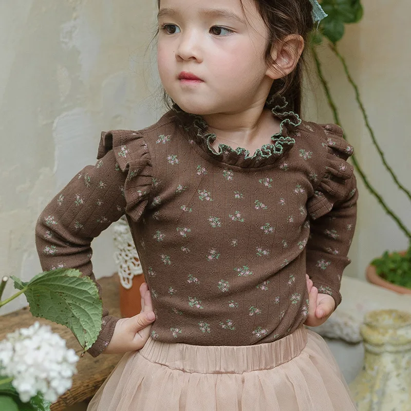 2024 Autumn Children Tops Kids Girls Lace Floral Bottoming Shirt Top