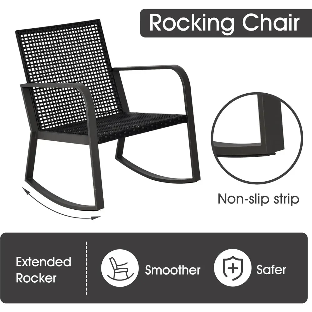 Silla mecedora de exterior de 3 piezas para terraza con colchoneta, adecuada para patio, jardín, piscina (azul)