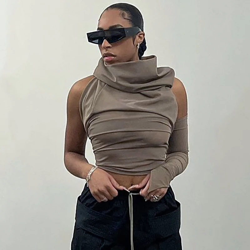 Single Sleeve Hooded Pile Collar Women T-shirts Backless Sleeveless Crop Top 2022 Summer New Vintage Fashion t shirt Streetwear