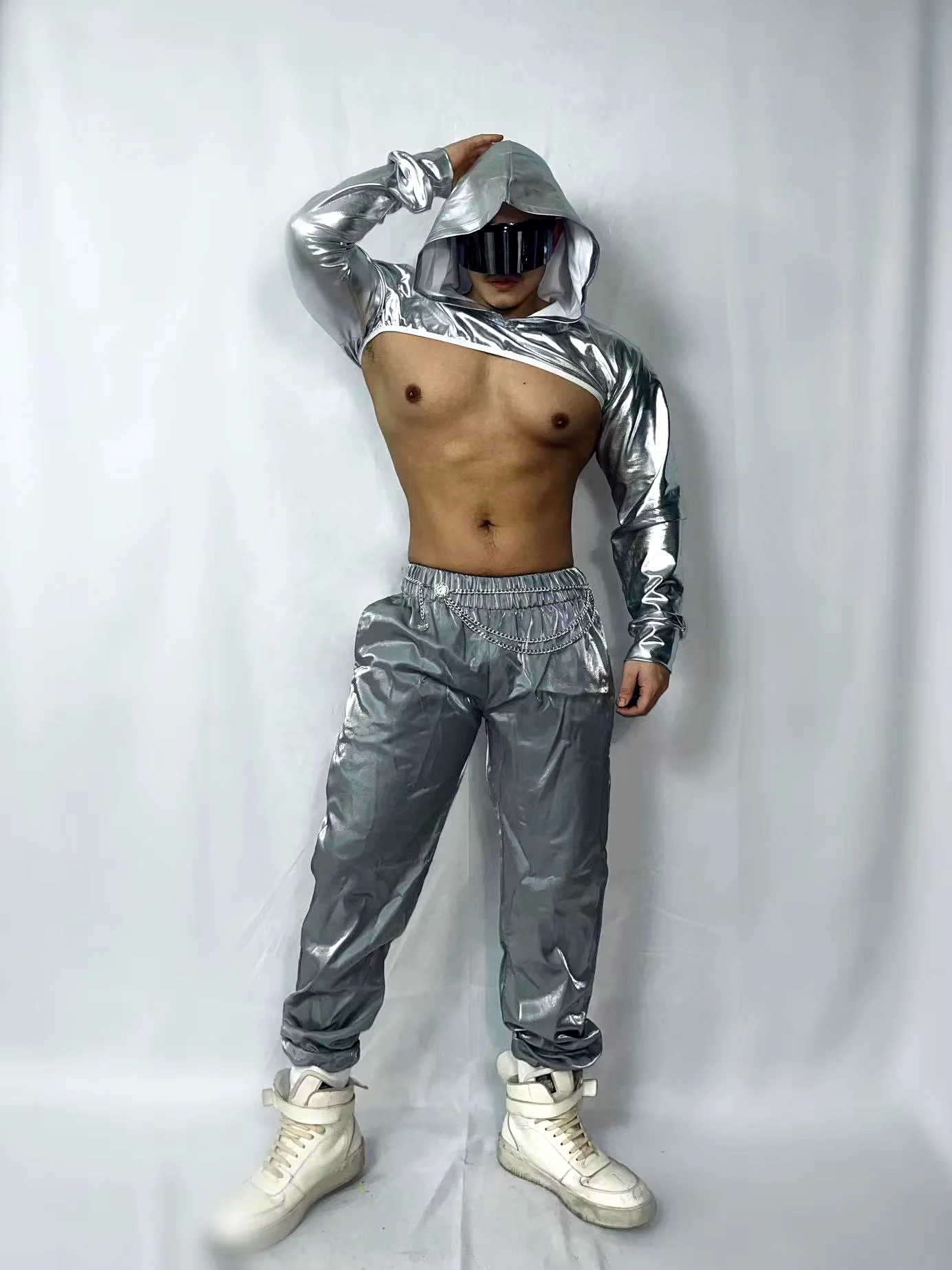 Cool Silver Y-Pants Set pour hommes, Bar, Discothèque, DJ Dancer, GKnitting Performance, Stage Wear, Party Show Theme Costume, Fashion