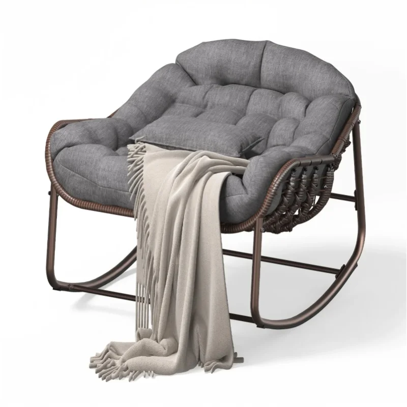 Duże, zewnętrzne krzesło Papasan z funkcją kołysania, ergonomiczny design, trwały wiklinowy materiał, odporny na warunki atmosferyczne, wygodna poduszka, solidna metalowa rama, wytrzymałość do 200 kg, (brown white) — Zdjęcie 2 z 2