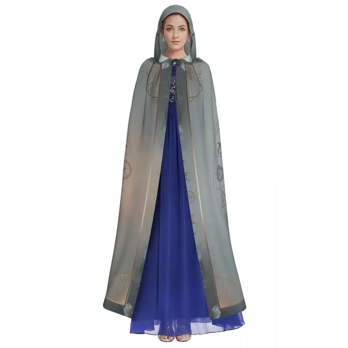 Clock With Numbers Hooded Cloak Polyester Unisex Witch Cape Costume Accessory