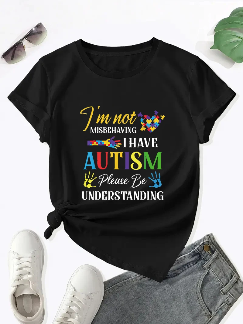 I am Autism Women\'s Round Neck T-shirt Fashion Trend Short Sleeve Care for Autism