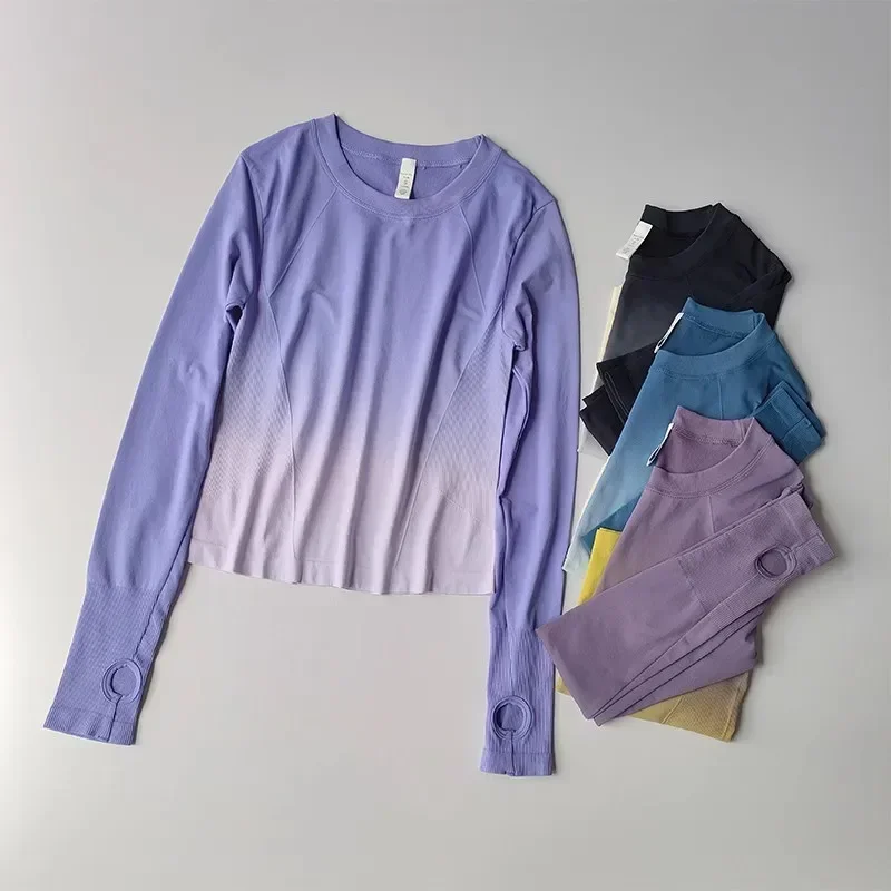 Gradient Contrast Color Long Sleeve Yoga Shirts Women's Slim Tight Sports Running T-Shirt Quick Dry Tight Fitting Gym Sweatshirt