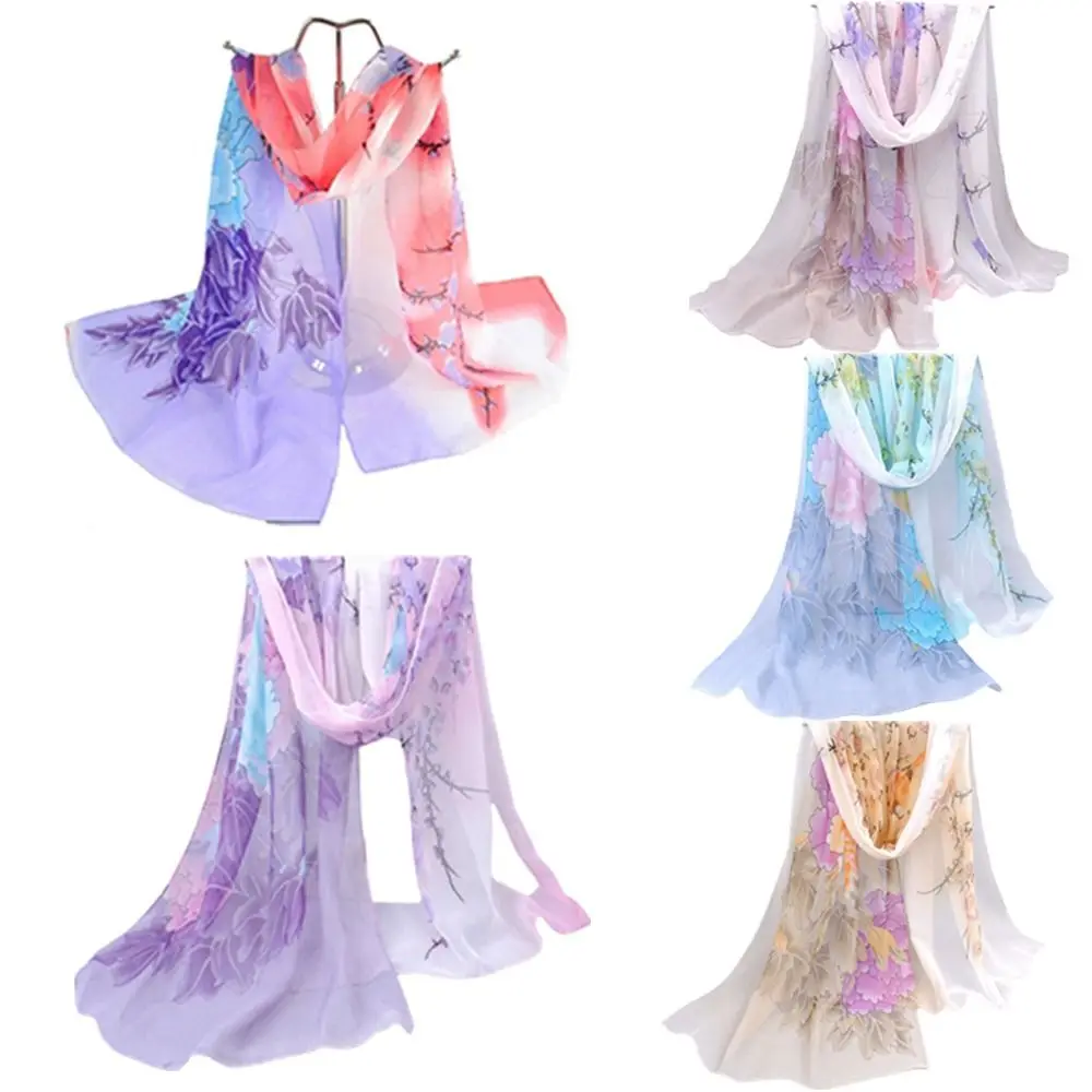 Elegant 160*50cm Chiffon Scarf Floral Sunscreen Long Wrap Shawl Washable Gradient Beach Gauze Scarf for Women