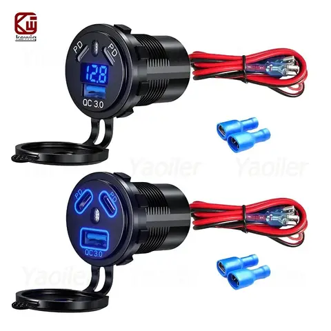 12V Type C USB Outlet 45W PD & 18W QC3.0 Fast Car Charger Socket w/ Voltmeter Switch Waterproof for Marine Boat Motorcycle Truck