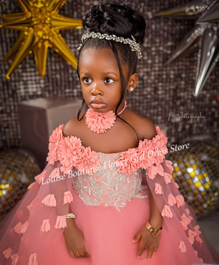 럭셔리 플라워 걸 드레스 오프숄더 A라인 3D 플라워 튤 캡 슬리브 스팽글 드레스 소녀들을 위한 사랑스러운 첫 영성체 가운