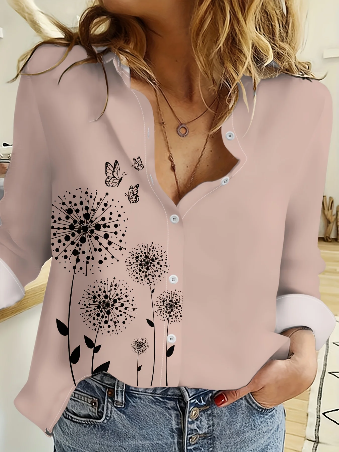 

Рубашка с длинными рукавами и принтом в виде одуванчиков и бабочек