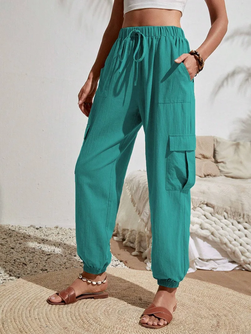 2025 Spring Summer New Women's Solid Cargo Pants Casual Wide Leg Pants with Pockets Versatile