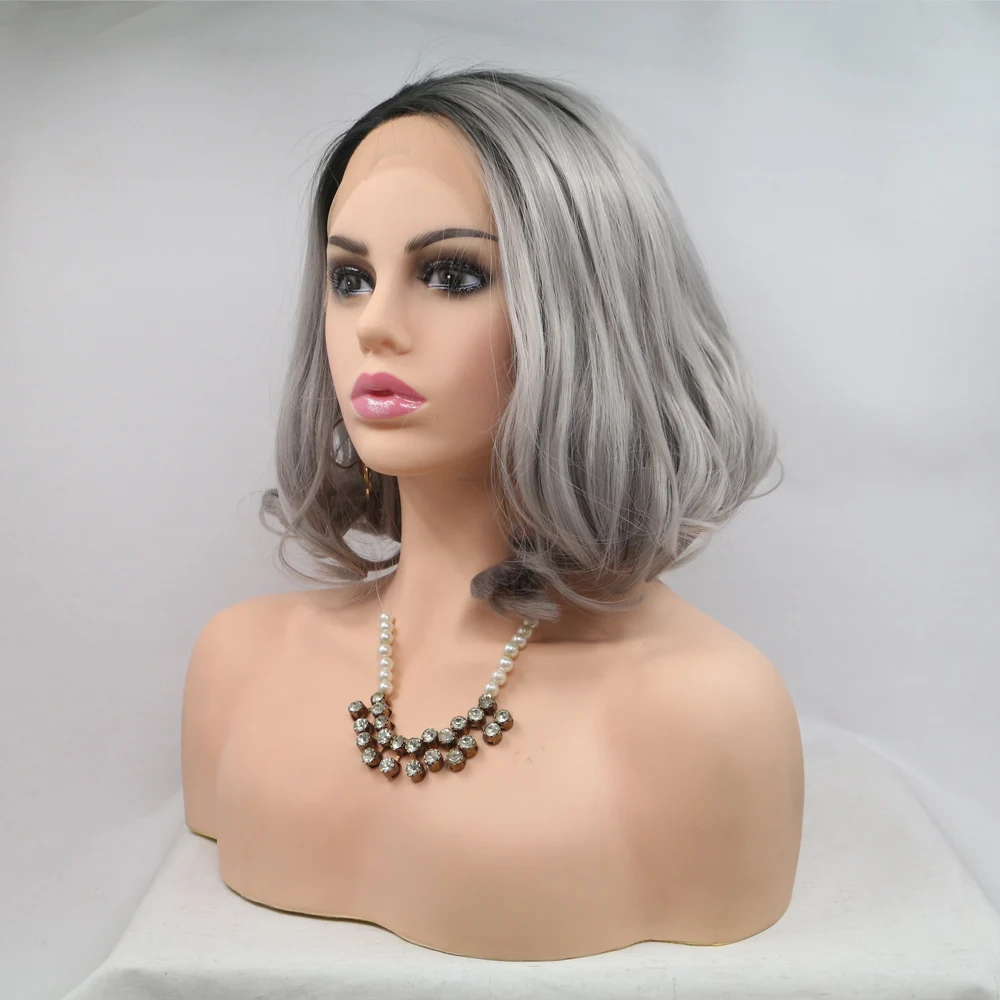 Melody Short Bob Wig Ombre Grey Lace Front Wig with Drak Roots Hair Heat Resistant Fiber for Women Cosplay 14inches