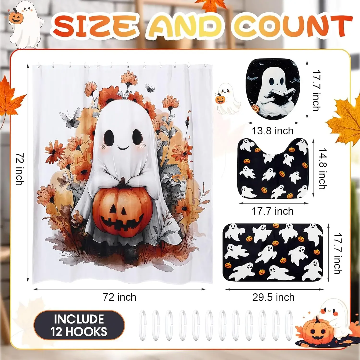 4 Pcs Halloween Shower Curtain Set for Bathroom Ghost Pumpkin Halloween Bathroom Curtain Include Ghost Shower Curtains Non Slip
