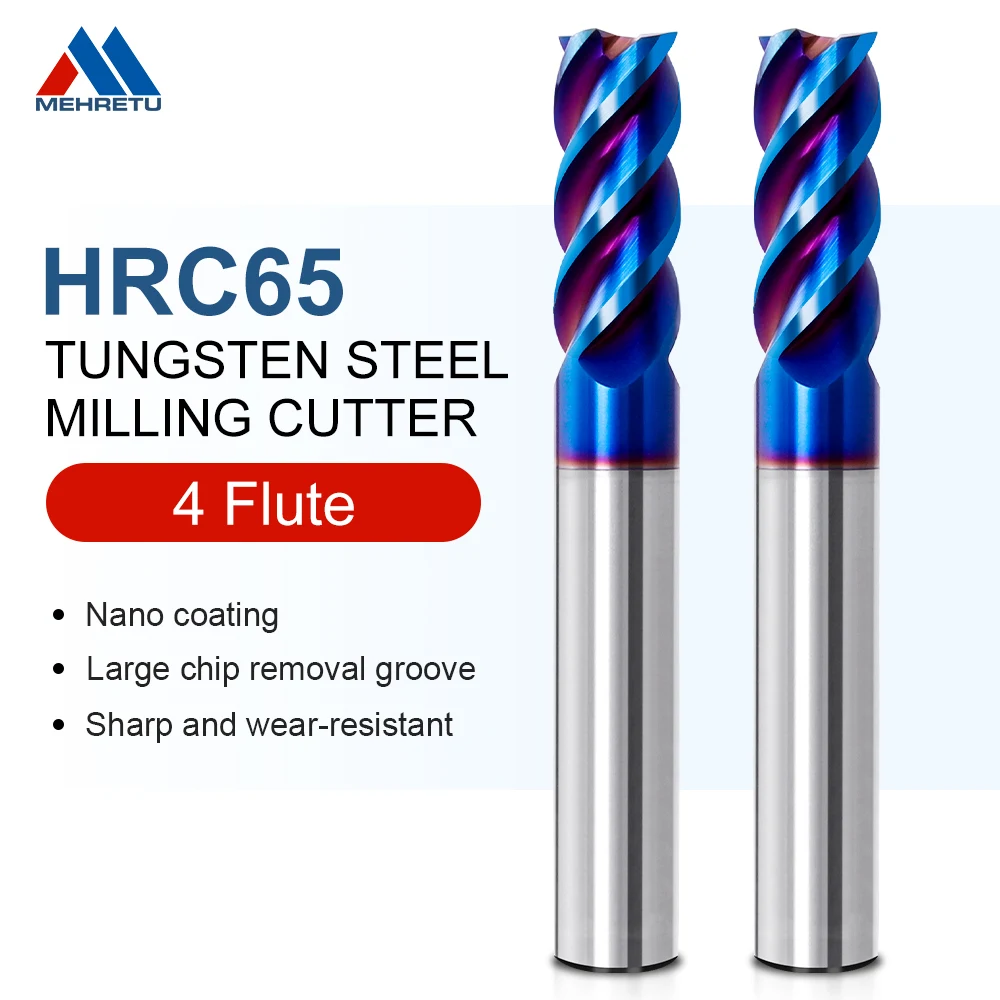 MEHRETU HRC65 Carbide End Mill 4 Flutes CNC Cutting Tools Alloy EndMills Tungsten Milling Cutter Flat Router Bit Strawberries