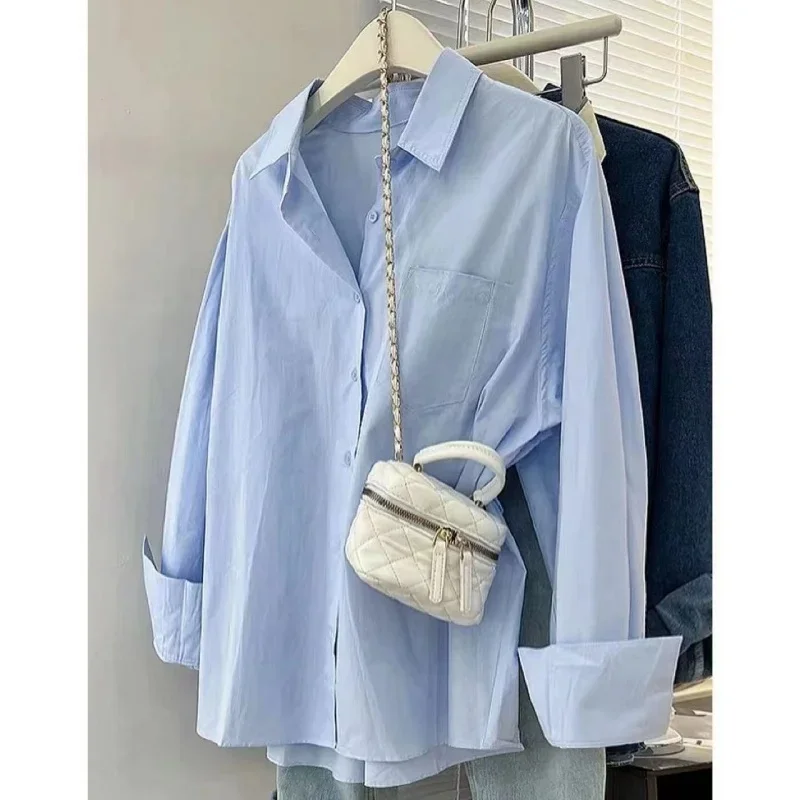 Women Autumn Luxury Style Minimalist 100% Cotton Shirt Lady Thin Solid Color Loose Long Sleeve Blouse Girls Versatile Simple Top