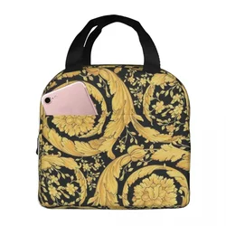 Black Gold Leaf Swirl Thermal Insulated Lunch Bags Reusable Food Bag Leakproof Tote Lunch Box Outdoor Pupil