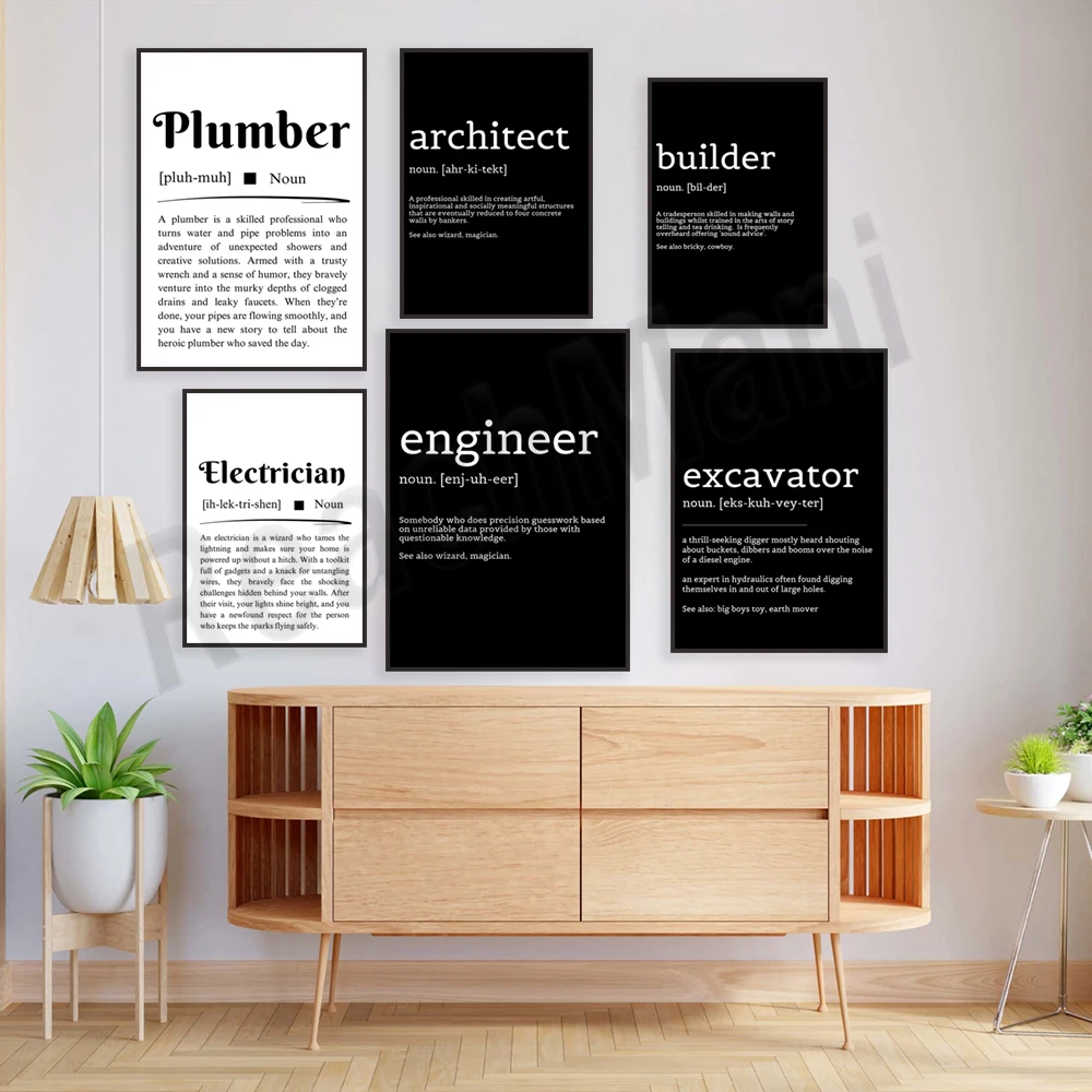 Electrician plumber art, excavator, builder, engineer, architect, funny dictionary definition canvas print poster, worker gift