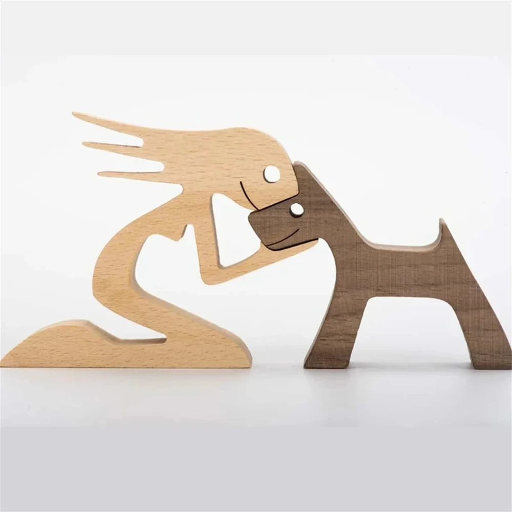 Handmade Family Puppy Wooden Man Dog Statue Figurine Home Room Desk Decoration Carving Model Sculpture Eco-Friendly Craft Gifts