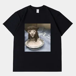 Milk Face Cat Meme Print T Shirt Weird Humor Funny Cat Graphic T-Shirts Men's Women Fashion Cotton Oversized  T-shirt Streetwear